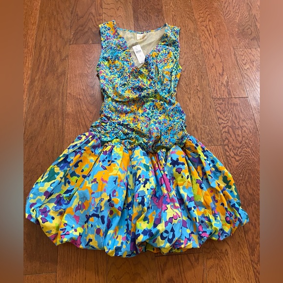 Anthropologie Plenty by Tracy Reese V-neck Bubble Dress Blue Motif NWT - Picture 1 of 10